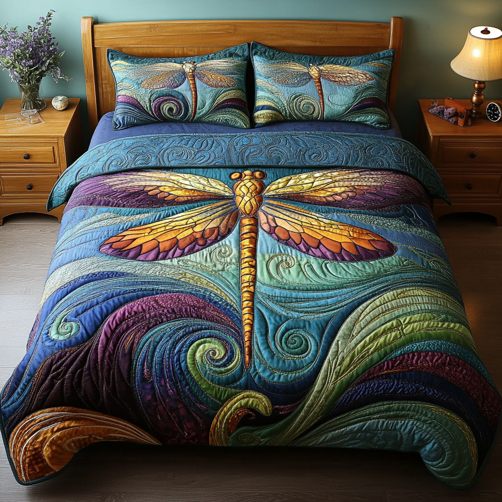 Dragonfly Garden Bedspread quilted 3-piece bedding set on a made bed with two matching pillow shams