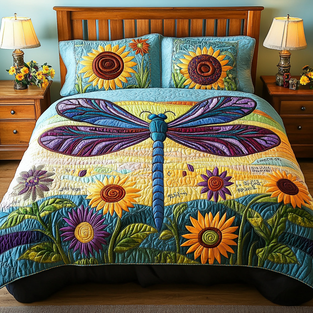 Dragonfly Haven Bedspread quilted 3-piece bedding set on a made bed with two matching pillow shams