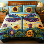 Dragonfly Haven Bedspread quilted 3-piece bedding set on a made bed with two matching pillow shams