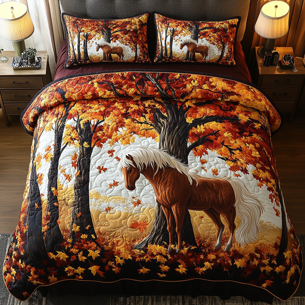 Dream Horse quilted 3-piece bedding set on a made bed with two matching pillow shams