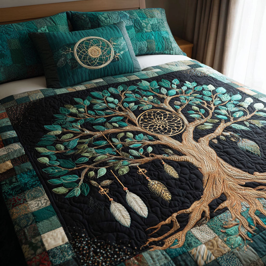 Dreamcatcher Whisper Dream Catcher quilted 3-piece bedding set on a made bed with two matching pillow shams