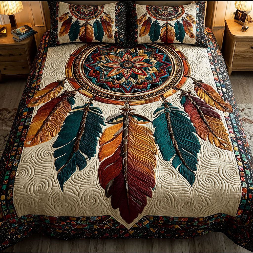Dreamcatcher Whisper Southwest quilted 3-piece bedding set on a made bed with two matching pillow shams
