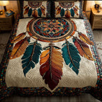 Dreamcatcher Whisper Southwest quilted 3-piece bedding set on a made bed with two matching pillow shams