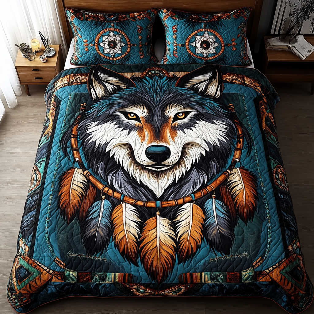 Dreamcatcher Wolf Bison quilted 3-piece bedding set on a made bed with two matching pillow shams