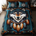 Dreamcatcher Wolf Bison quilted 3-piece bedding set on a made bed with two matching pillow shams