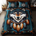 Dreamcatcher Wolf Bison quilted 3-piece bedding set on a made bed with two matching pillow shams