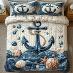 Driftwood Dreams quilted 3-piece bedding set on a made bed with two matching pillow shams