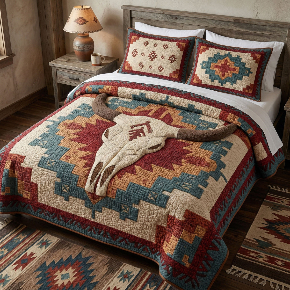 Dusty Skull quilted 3-piece bedding set on a made bed with two matching pillow shams