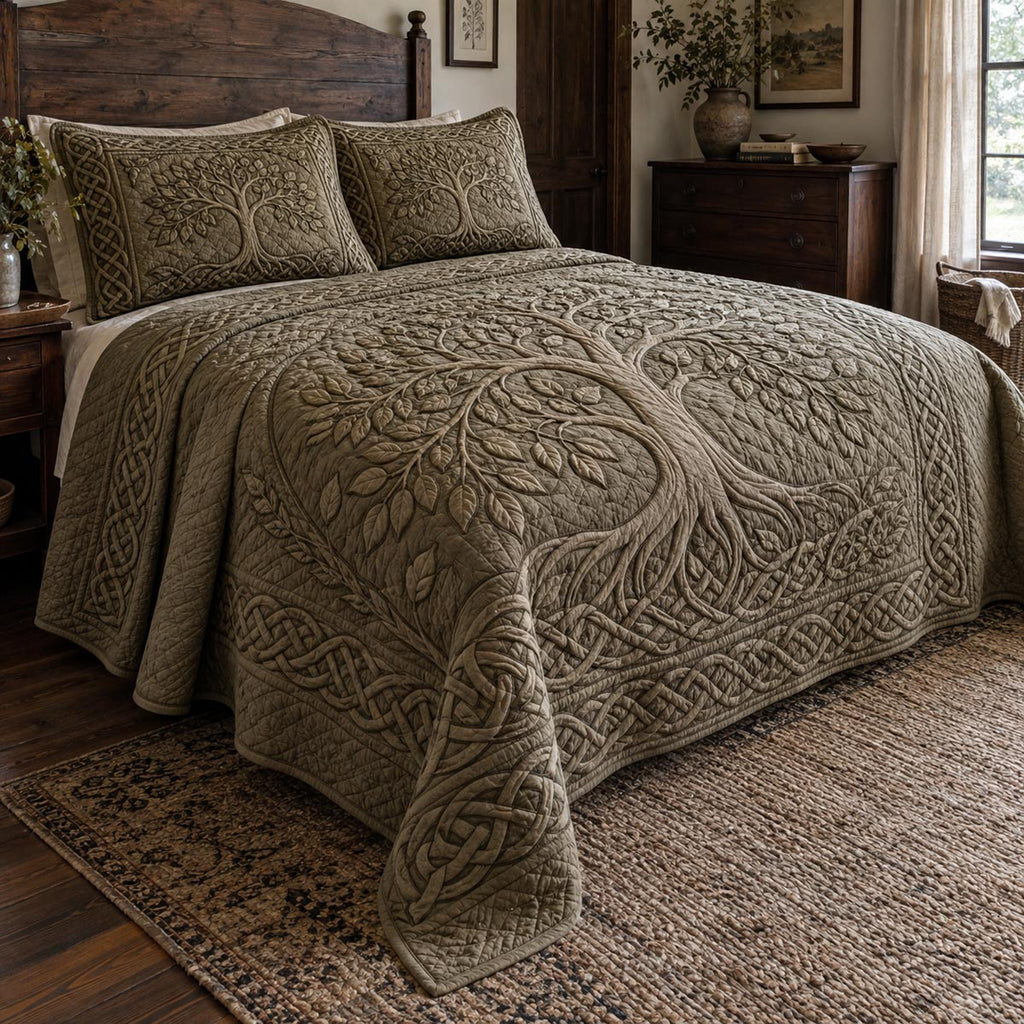 Earthbound Tree Of Life quilted 3-piece bedding set on a made bed with two matching pillow shams