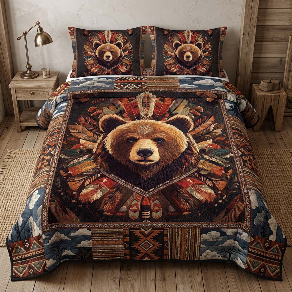 Earthfire Bear Headdress quilted 3-piece bedding set on a made bed with two matching pillow shams