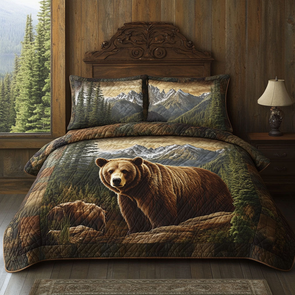 Echo Of The Wild quilted 3-piece bedding set on a made bed with two matching pillow shams