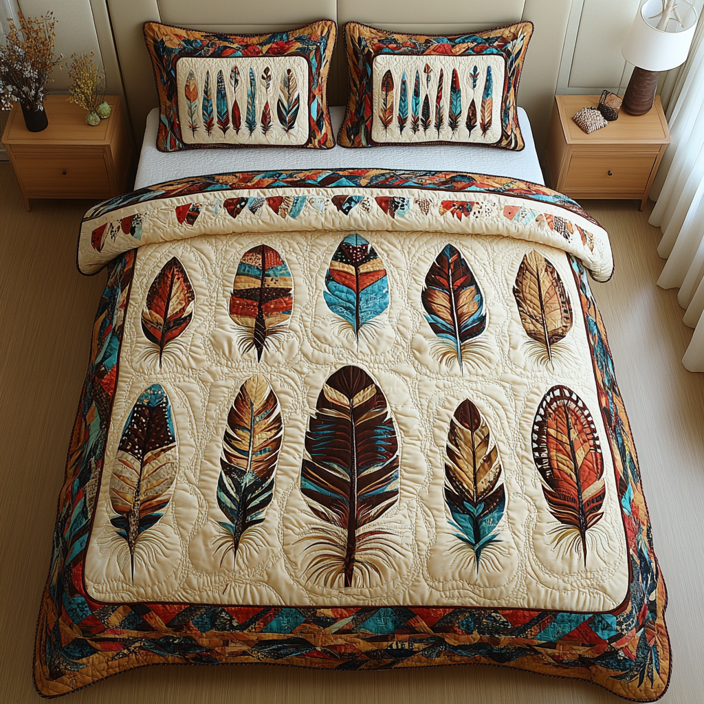 Echoes Of Nature Southwest quilted 3-piece bedding set on a made bed with two matching pillow shams