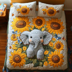 Elephant Harmony Animal quilted 3-piece bedding set on a made bed with two matching pillow shams
