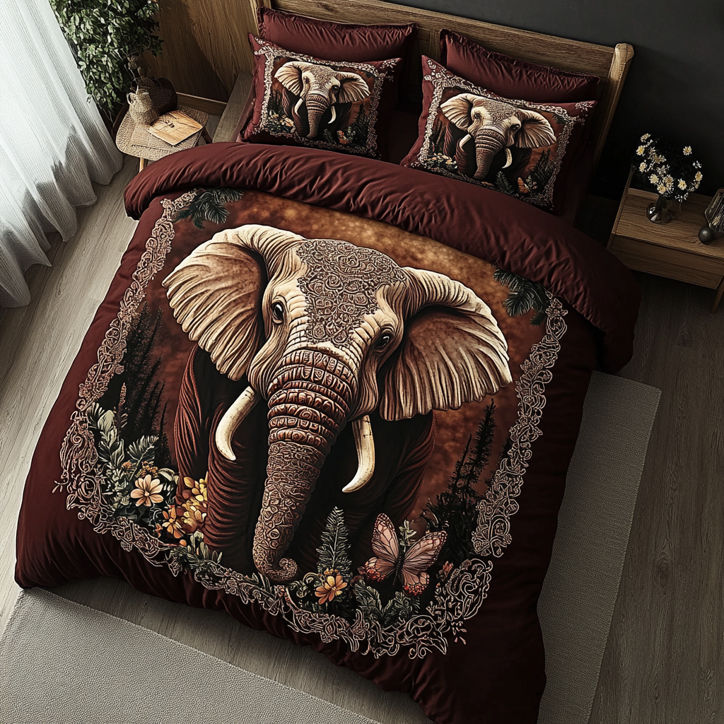 Elephant Majesty Animal quilted 3-piece bedding set on a made bed with two matching pillow shams