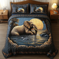 Elephant Moonlight quilted 3-piece bedding set on a made bed with two matching pillow shams