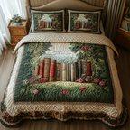 Enchanted Bookshelf Reading quilted 3-piece bedding set on a made bed with two matching pillow shams
