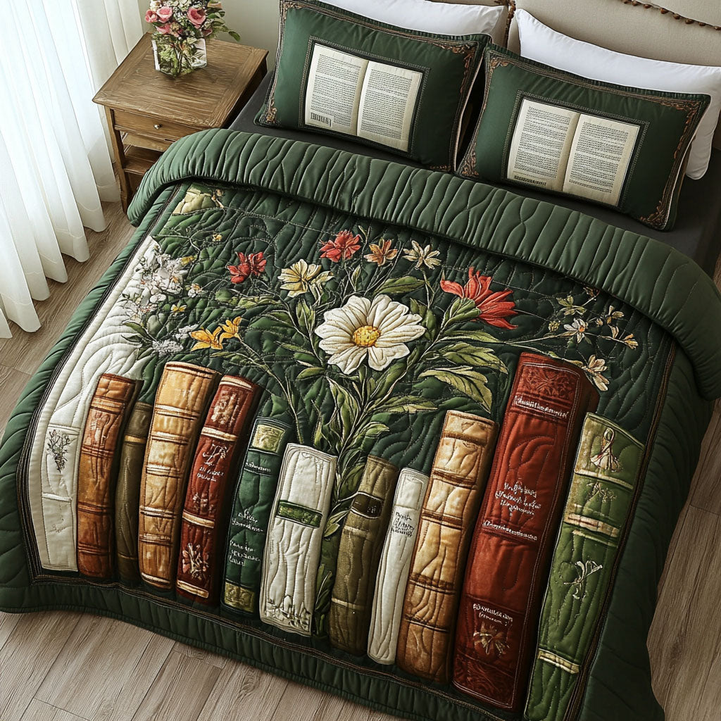 Enchanted Library Hobbies quilted 3-piece bedding set on a made bed with two matching pillow shams
