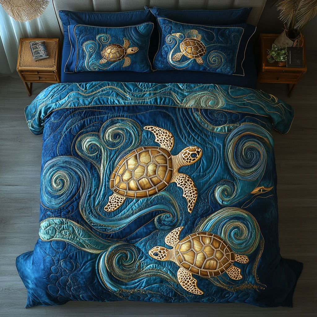 Enchanted Turtle Garden quilted 3-piece bedding set on a made bed with two matching pillow shams