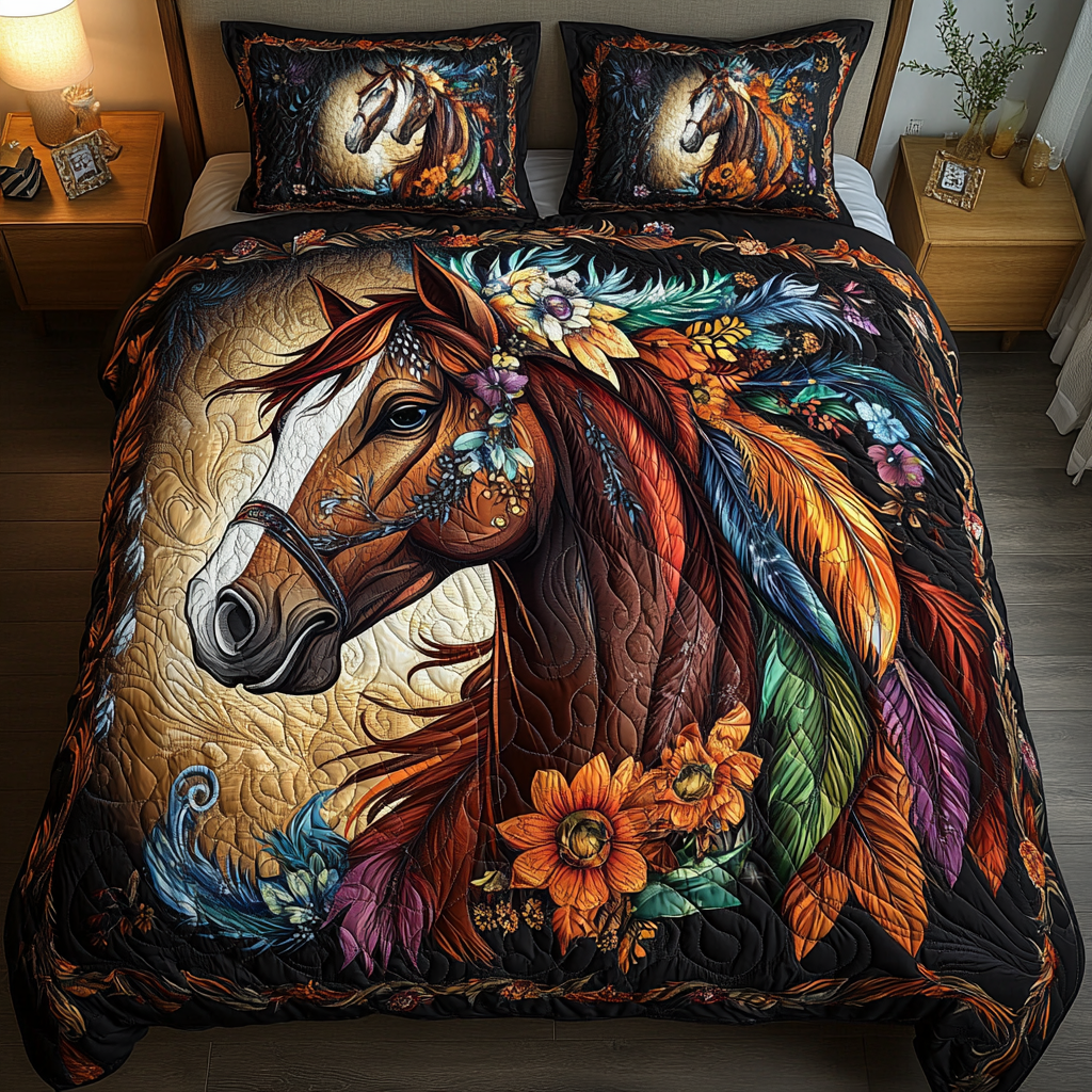 Equestrian Elegance Southwest quilted 3-piece bedding set on a made bed with two matching pillow shams