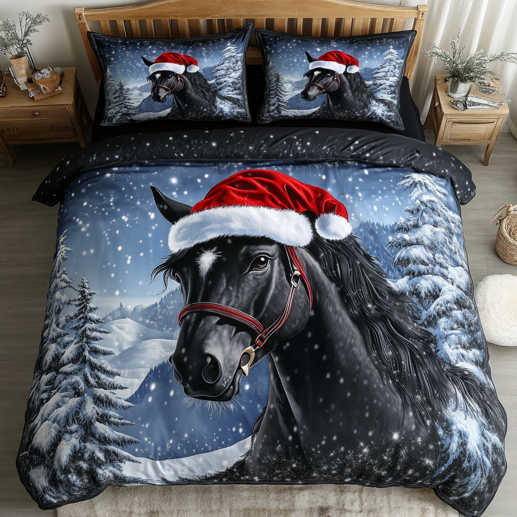 Equestrian Grace quilted 3-piece bedding set on a made bed with two matching pillow shams