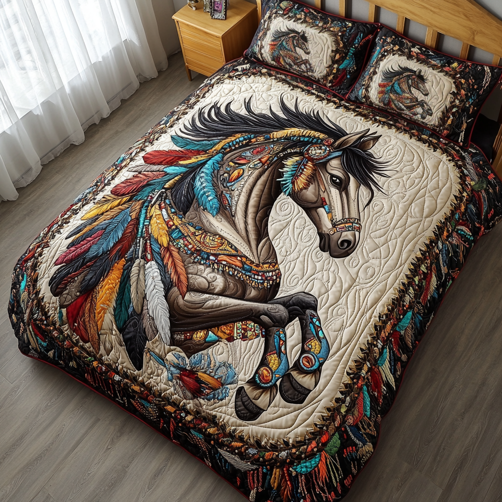 Equine Grace Animal quilted 3-piece bedding set on a made bed with two matching pillow shams