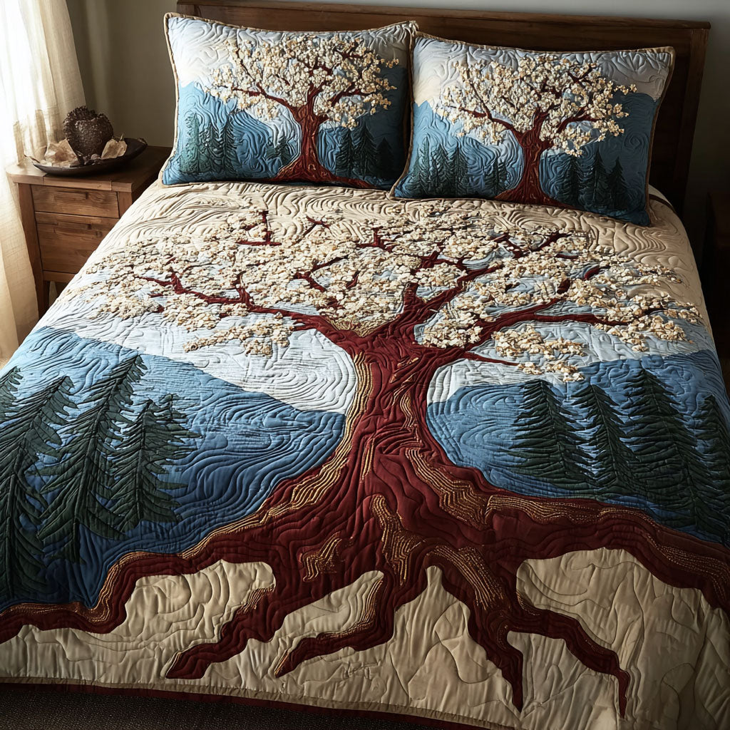 Eternal Branch Tree Of Life quilted 3-piece bedding set on a made bed with two matching pillow shams
