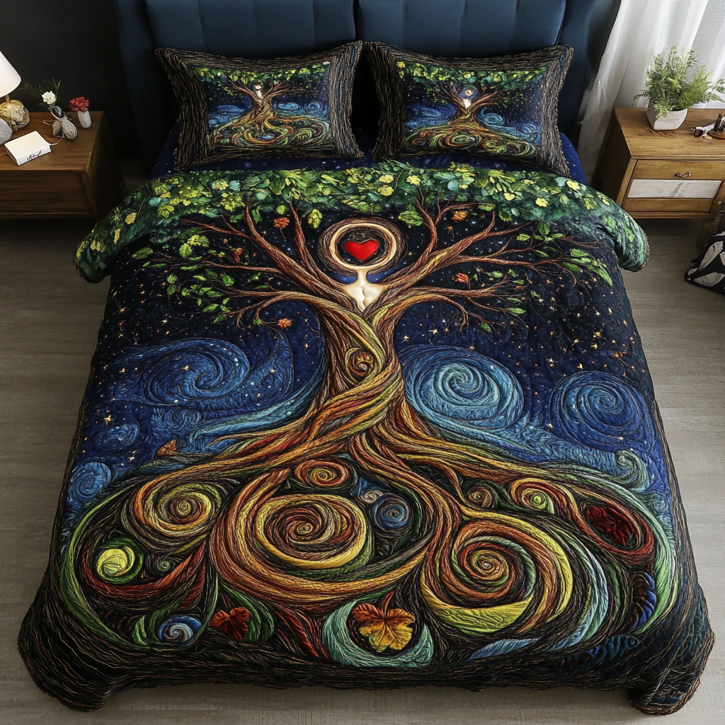 Eternal Roots Bedspread quilted 3-piece bedding set on a made bed with two matching pillow shams