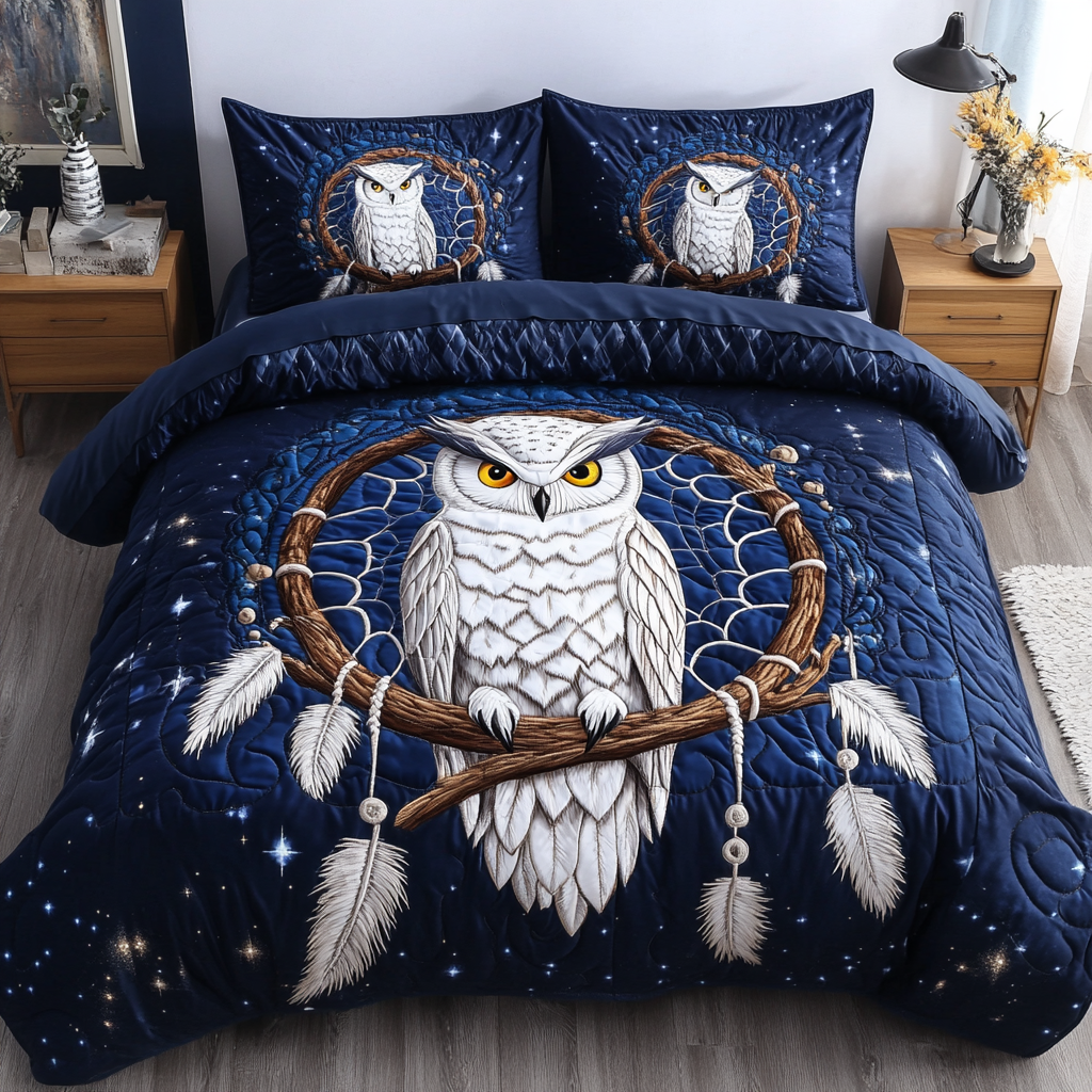 Eternal Watcher Southwest quilted 3-piece bedding set on a made bed with two matching pillow shams