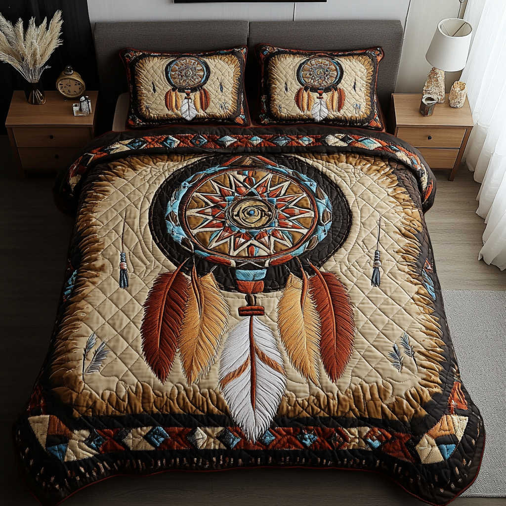 Ethereal Weave quilted 3-piece bedding set on a made bed with two matching pillow shams