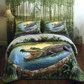 Everglades Trek quilted 3-piece bedding set on a made bed with two matching pillow shams