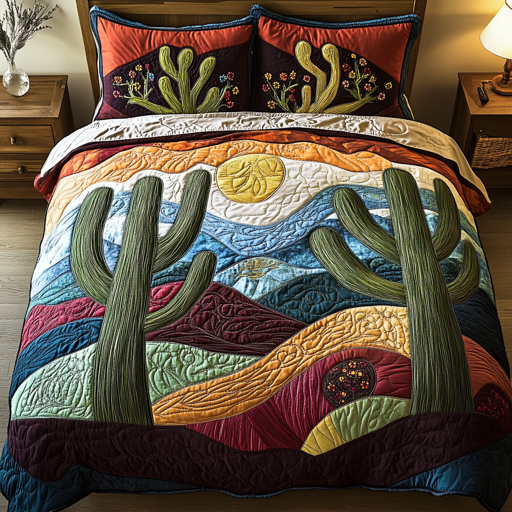 Evergreen Dunes Bedspread quilted 3-piece bedding set on a made bed with two matching pillow shams