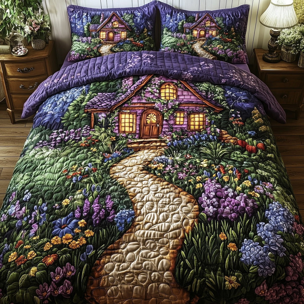 Fairytale Cottage quilted 3-piece bedding set on a made bed with two matching pillow shams