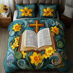 Faith In Flowers quilted 3-piece bedding set on a made bed with two matching pillow shams