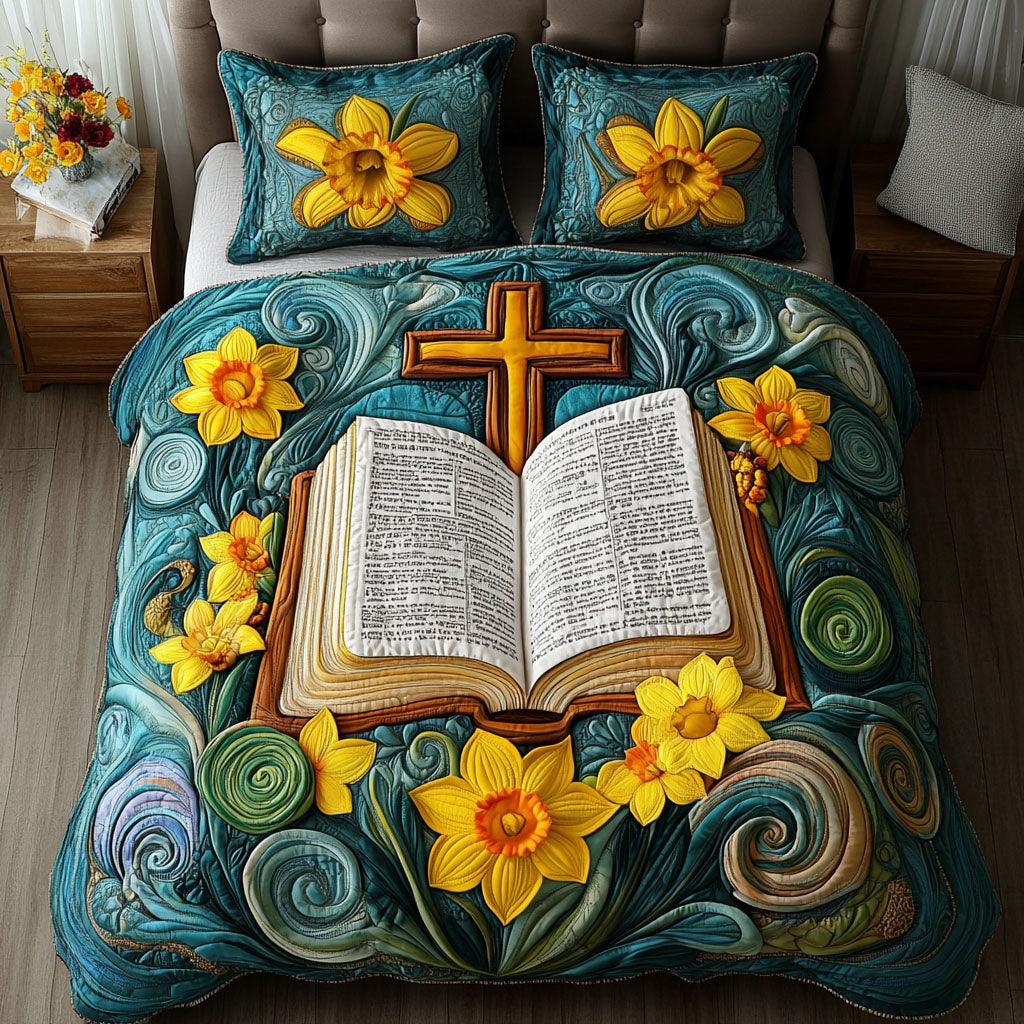 Faith In Flowers quilted 3-piece bedding set on a made bed with two matching pillow shams