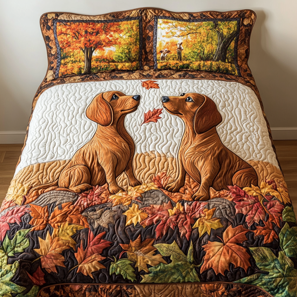 Fall Dachshund quilted 3-piece bedding set on a made bed with two matching pillow shams