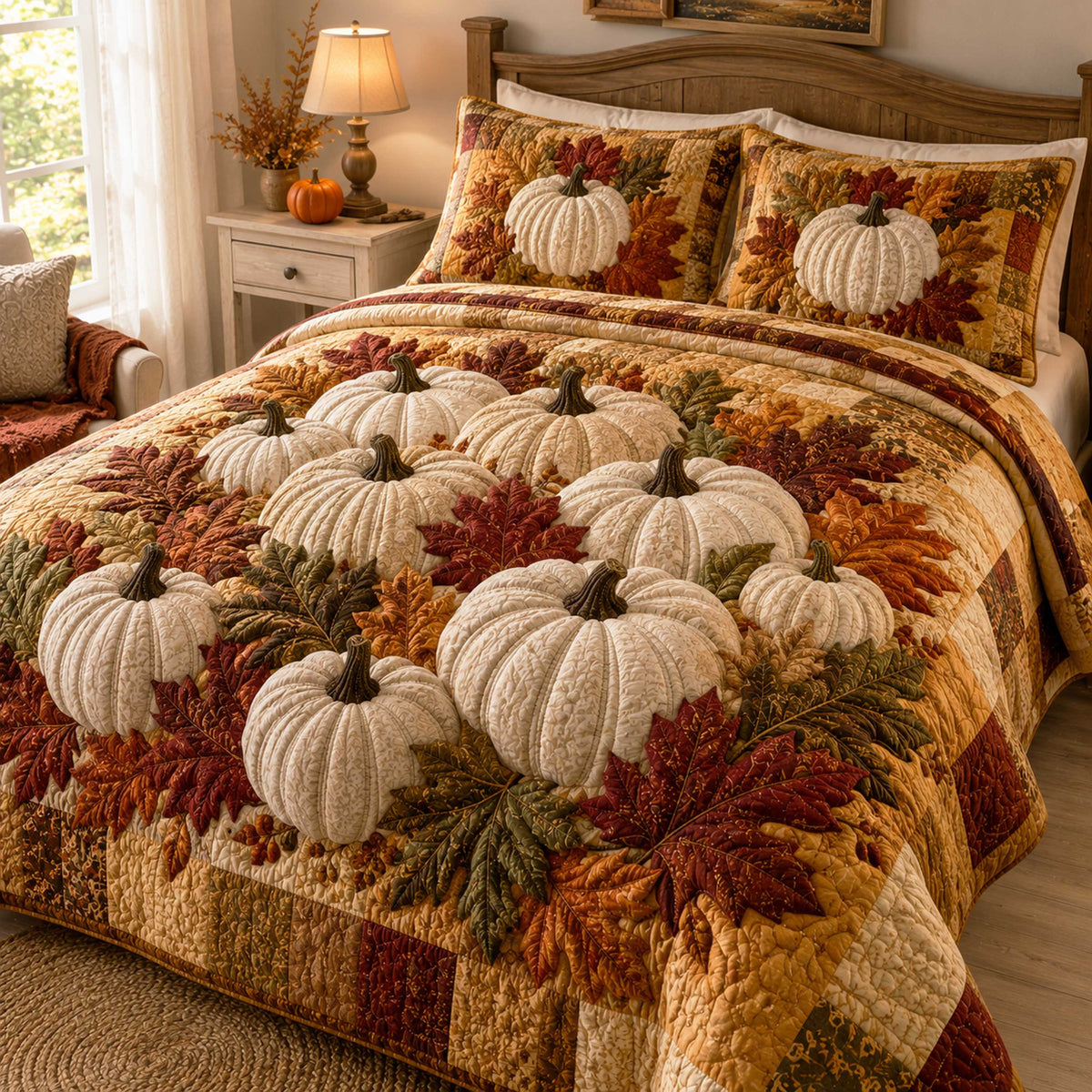 Fall Harvest quilted 3-piece bedding set on a made bed with two matching pillow shams