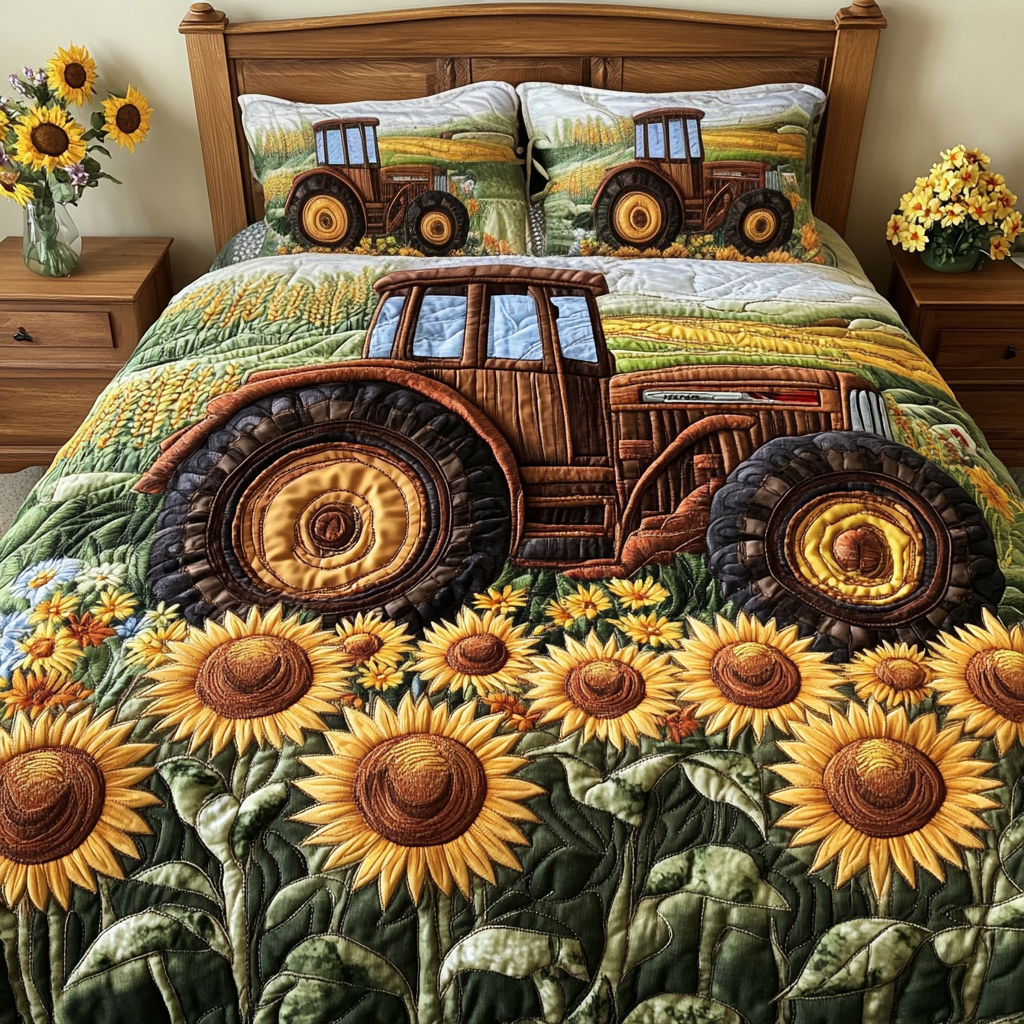 Farm Breeze quilted 3-piece bedding set on a made bed with two matching pillow shams