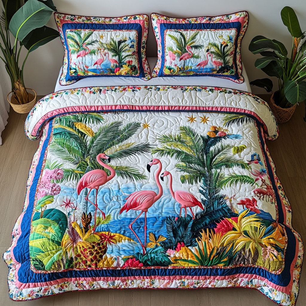 Feathered Dancer quilted 3-piece bedding set on a made bed with two matching pillow shams