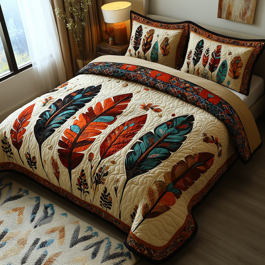 Feathered Dreams Southwest quilted 3-piece bedding set on a made bed with two matching pillow shams
