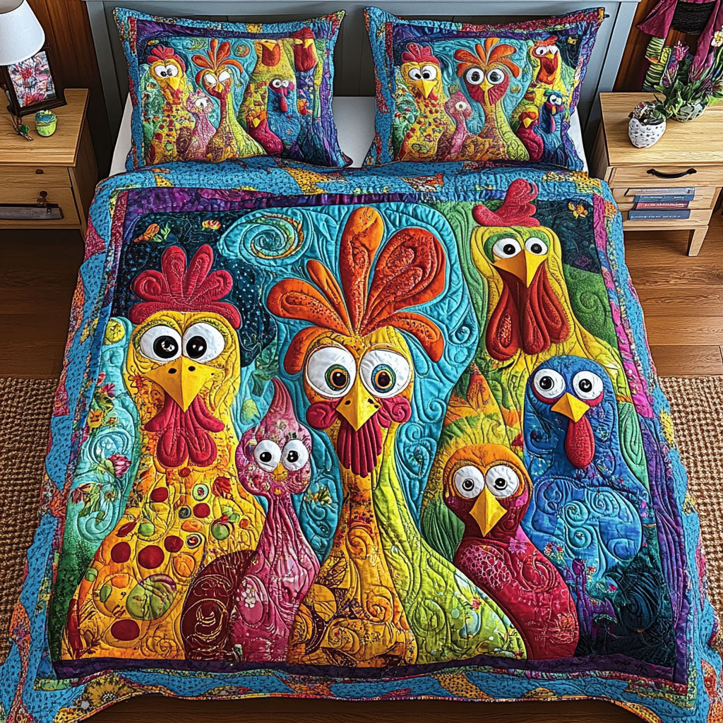 Feathered Friends Farm Animal quilted 3-piece bedding set on a made bed with two matching pillow shams
