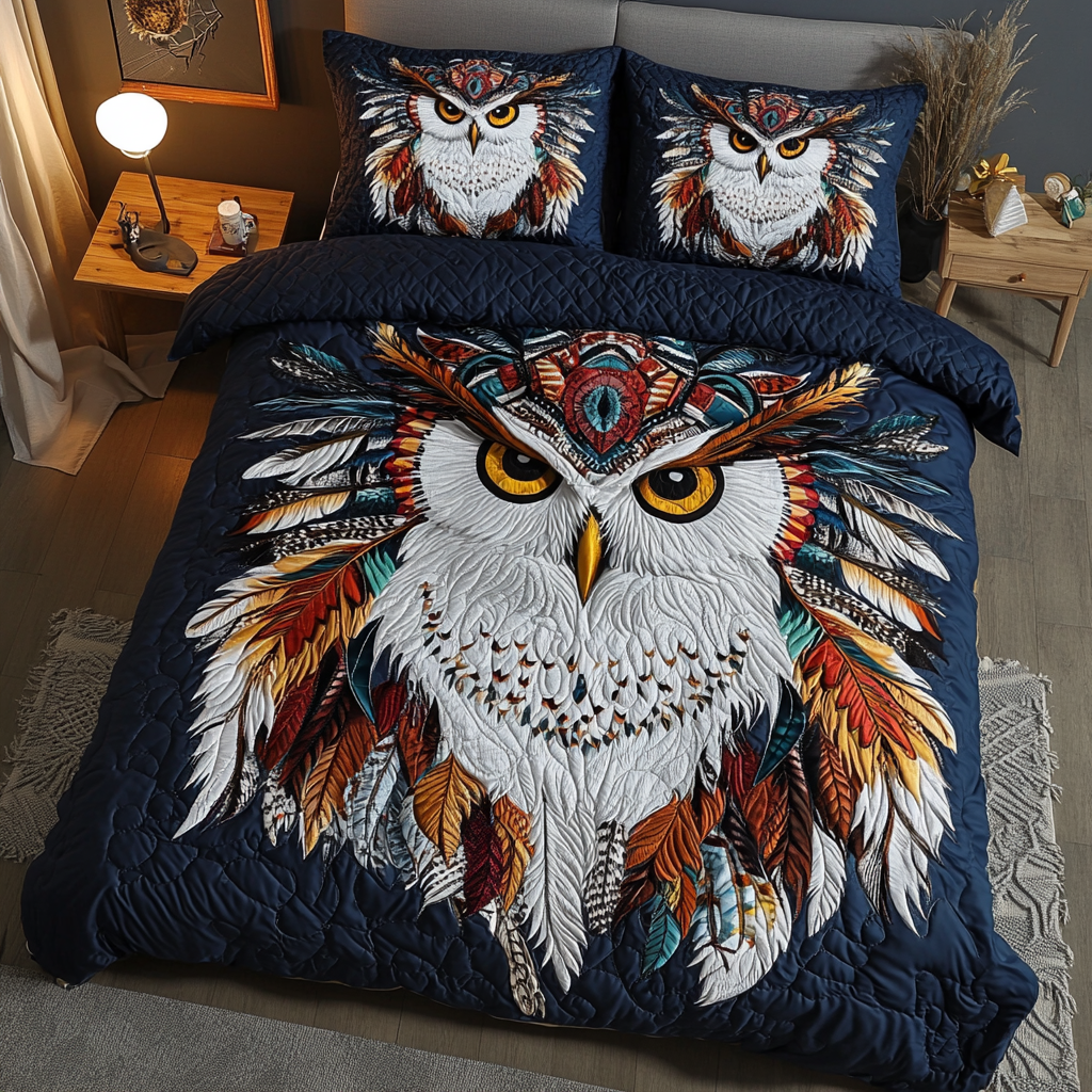 Feathered Spirit Southwest quilted 3-piece bedding set on a made bed with two matching pillow shams