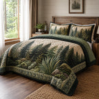 Fernwood Forest quilted 3-piece bedding set on a made bed with two matching pillow shams