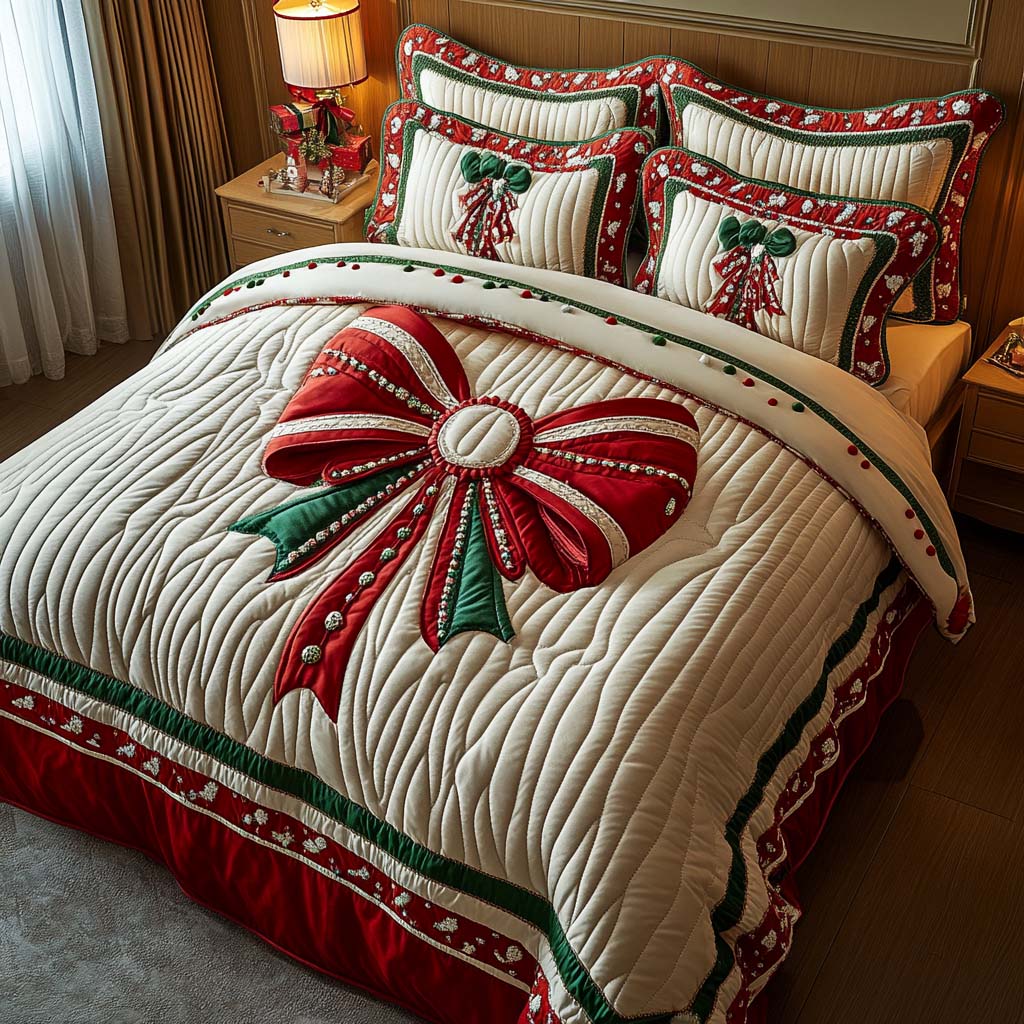 Festive Bow Elegance quilted 3-piece bedding set on a made bed with two matching pillow shams