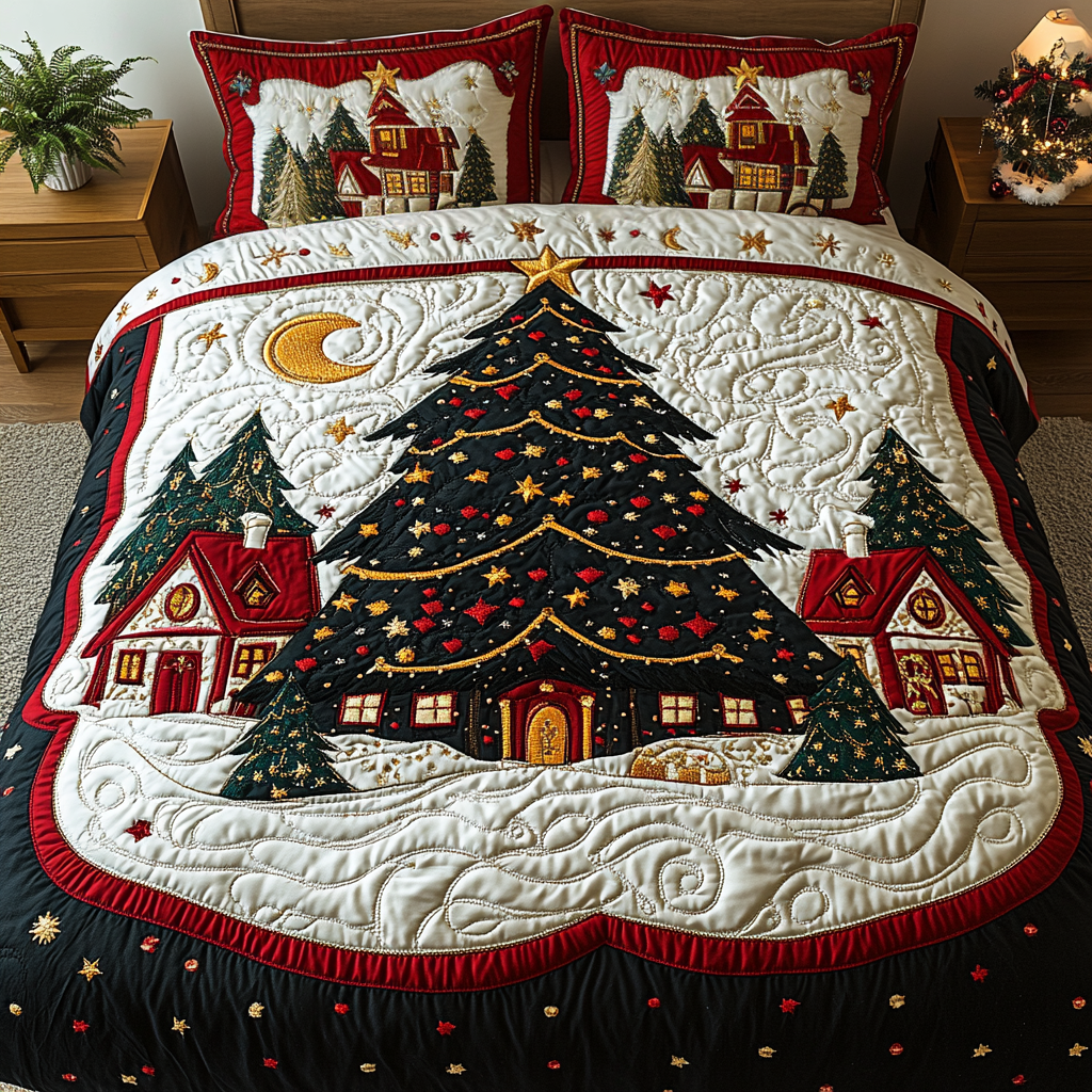 Festive Charm Bedspread quilted 3-piece bedding set on a made bed with two matching pillow shams