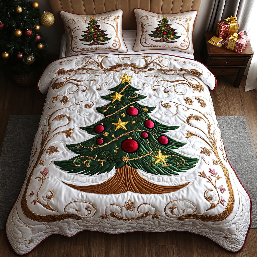 Festive Charm Christmas quilted 3-piece bedding set on a made bed with two matching pillow shams