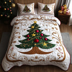 Festive Charm Christmas quilted 3-piece bedding set on a made bed with two matching pillow shams