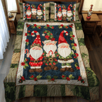 Festive Gnome quilted 3-piece bedding set on a made bed with two matching pillow shams