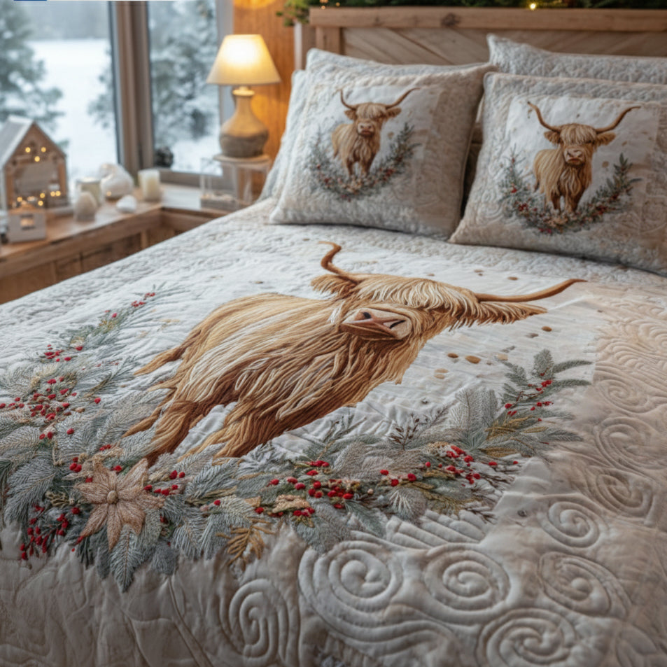 Festive Highland Animal quilted 3-piece bedding set on a made bed with two matching pillow shams