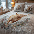 Festive Highland Animal quilted 3-piece bedding set on a made bed with two matching pillow shams