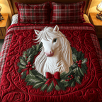 Festive Pony Dreams quilted 3-piece bedding set on a made bed with two matching pillow shams
